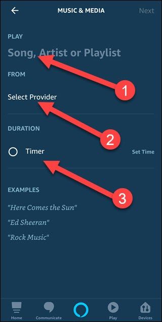 Music &amp; Media dialog with arrows pointing to Play, Provider, and Timer options.