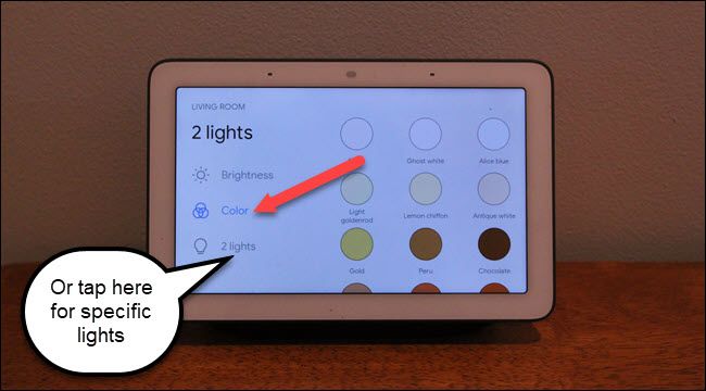 Google Home Hub living room lights with call out to colors and 2 lights options