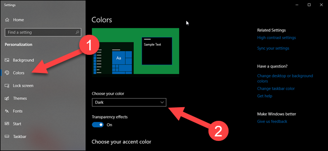 Windows color settings page with arrows pointing to colors and theme options