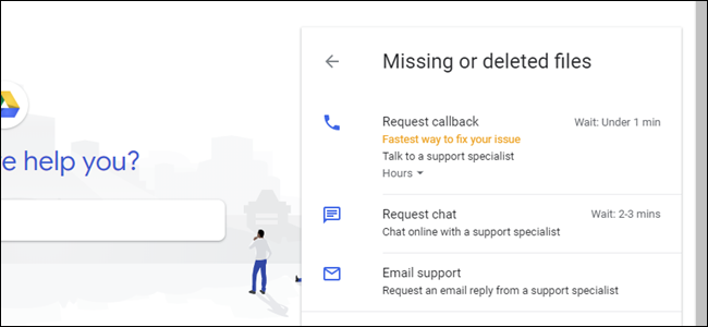 Google Drive contact us for missing or deleted files option.