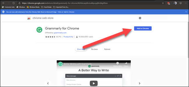 Chrome Web Gramarly extnesion with arrow pointing to 'add to chrome' button