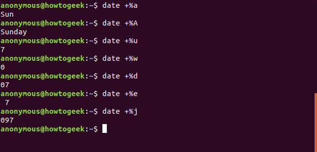 Output of the date command with a A u w d e j options