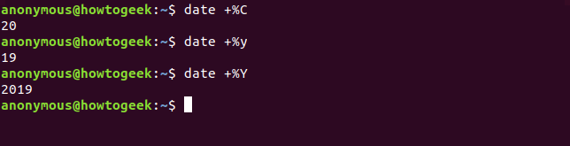 Output of the date command with C y Y options