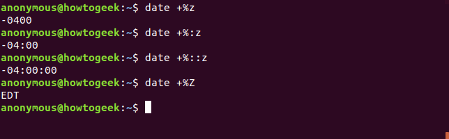 Output of the date command with timezone options