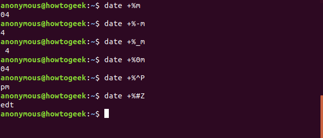 Output of the date command with formatting options