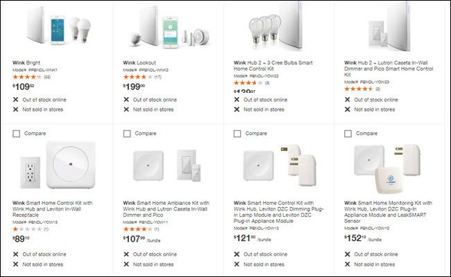 Home Depot site showing every Wink product out of stock online and not sold in stores.