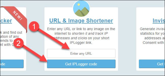 IP logger site with arrow pointing to URL shortener option and get iplogger code button