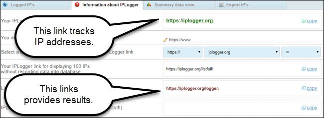 IP logger generated link site, with callout to tracking and viewing links