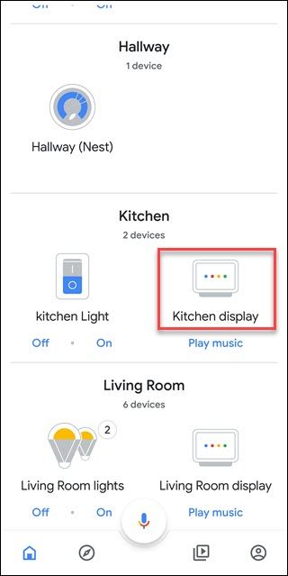 Google Home App with box around Kitchen Display option (a named Google Home Hub)