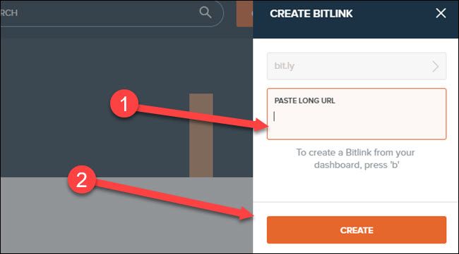 bit.ly site with arrows pointing to paste url box and create button.