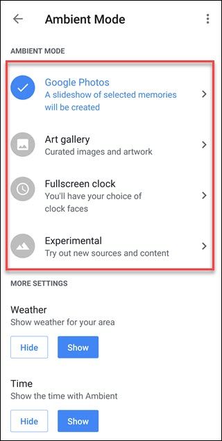 Ambient Mode settings with call out around Google Photos, Art Gallery, etc. options
