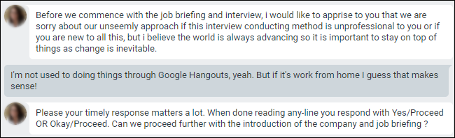 Google Hangouts chat with apology for conducting interviews through chat