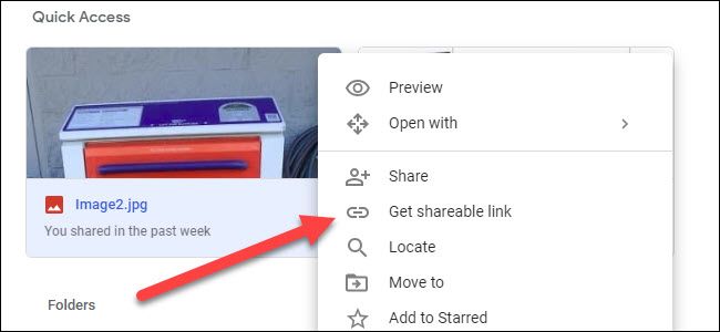 Google Drive submenu showing the get shareable link option.