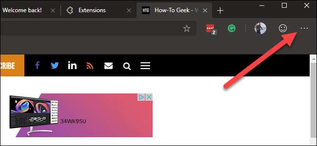 Edge browser with arrow pointing to three horizontal dots