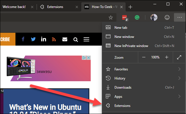 Edge settings menu with arrow pointing to extensions option.