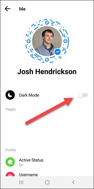 Messenger app account settings with arrow pointing to dark mode toggle
