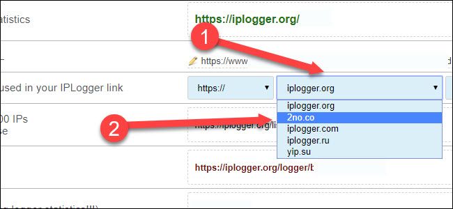 IP logger domain dropdown, with arrow pointing to 2no.co
