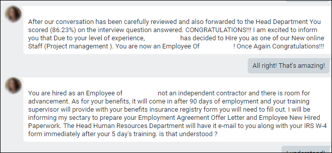 Google Hangouts stating employee has been &quot;hired&quot; for scam.
