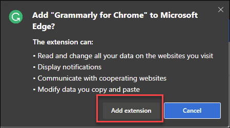 Add extension confirmation dialog with box around add extension button.