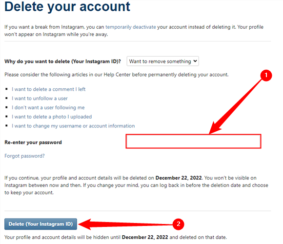 Re-enter your password, then click the &quot;Delete&quot; button near the bottom of the page. 