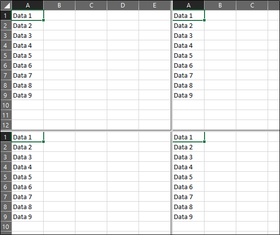 four equal screens Excel