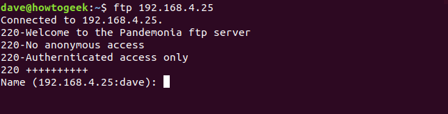 ftp connection command in a terminal window