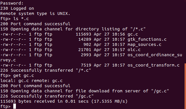 ftp file transfer in a terminal window