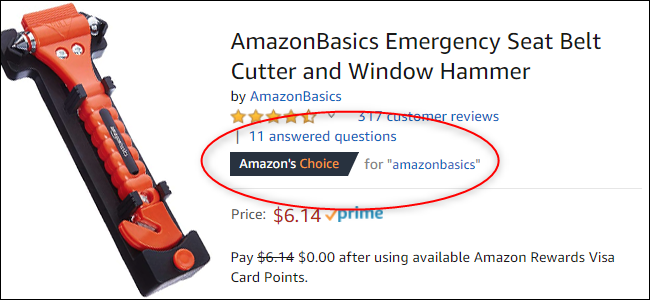 A screenshot of the AmazonBasics seatbelt cutter. I's listed as the Choice item for the search term &quot;amazonbasics.&quot;
