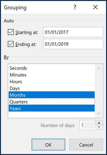 Specifying Years and Months in the Group dialog