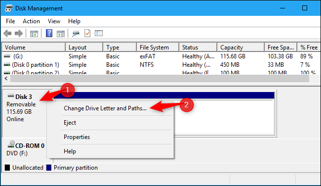 Opening a disk device's properties in Windows 10