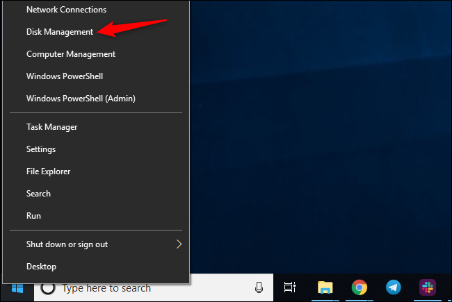 Launching Disk Management on Windows 10
