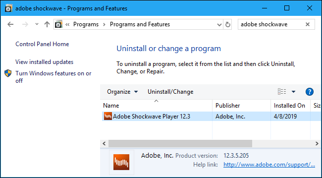Uninstalling Adobe Shockwave Player in the Control Panel