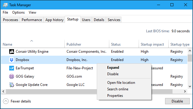 Disabling a startup application in Windows 10's Task Manager