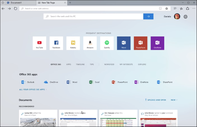 Sets on Windows 10 showing Edge's new tab page with a Bing search box