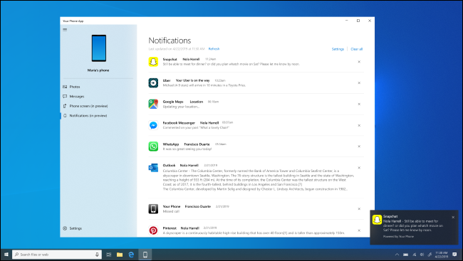 Windows 10 Your Phone app showing Android notifications