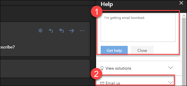 Outlook.com help with callouts around get help text and email us option.