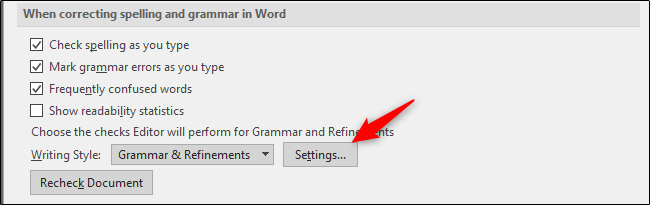 settings for spelling and grammar checker