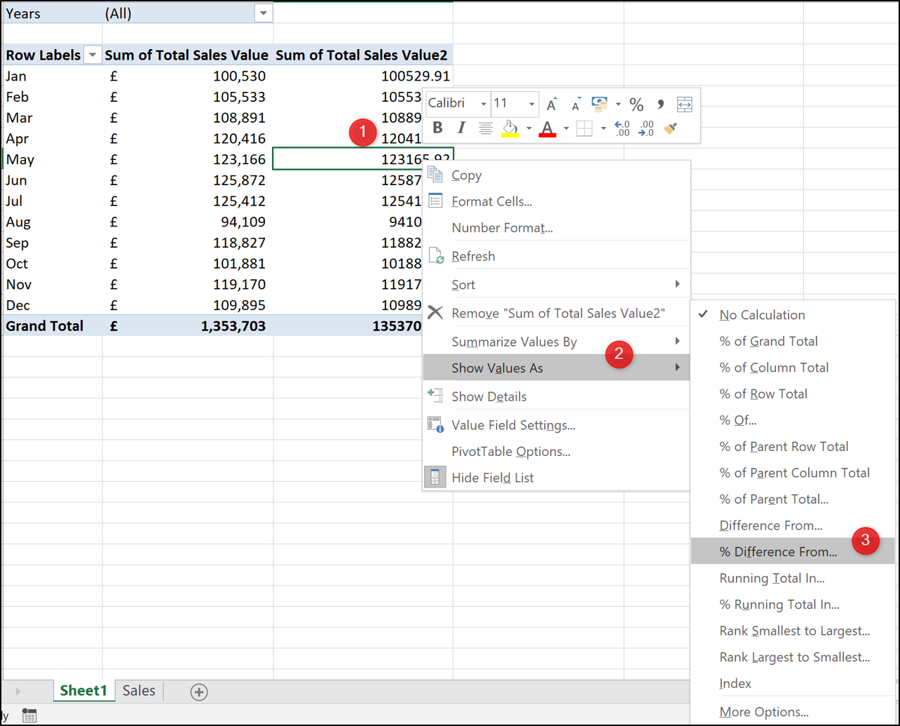 Show values as a percentage difference