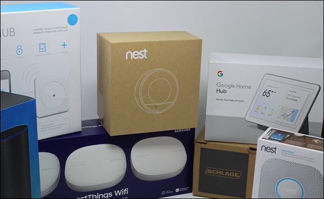 A nest thermostat, google home bub, nest protect, Schlage Smart lock, Wink hub, SmartThings Wifi hub, and Amazon Echo.