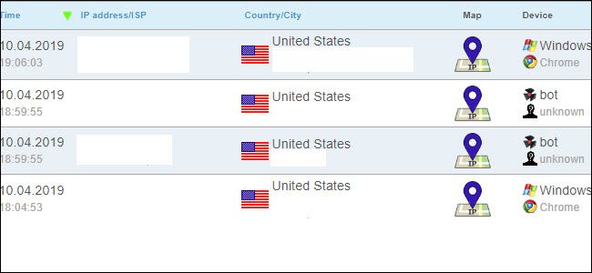 ip logger tracking results, showing several United States pings.