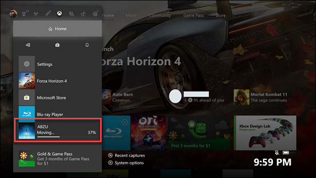 Xbox one home submenu with callout around Abzu game in transfer.
