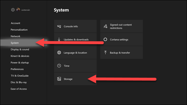 Xbox settings menus with arrows pointing to system and storage options.