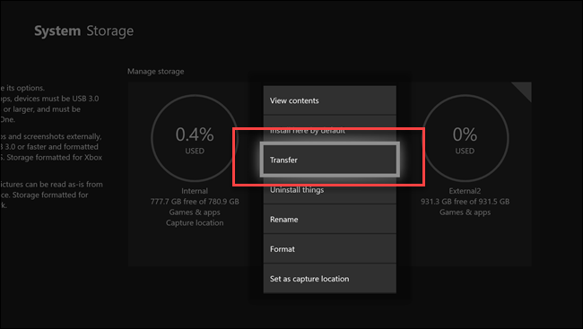 System storage submenu with call out on transfer option.