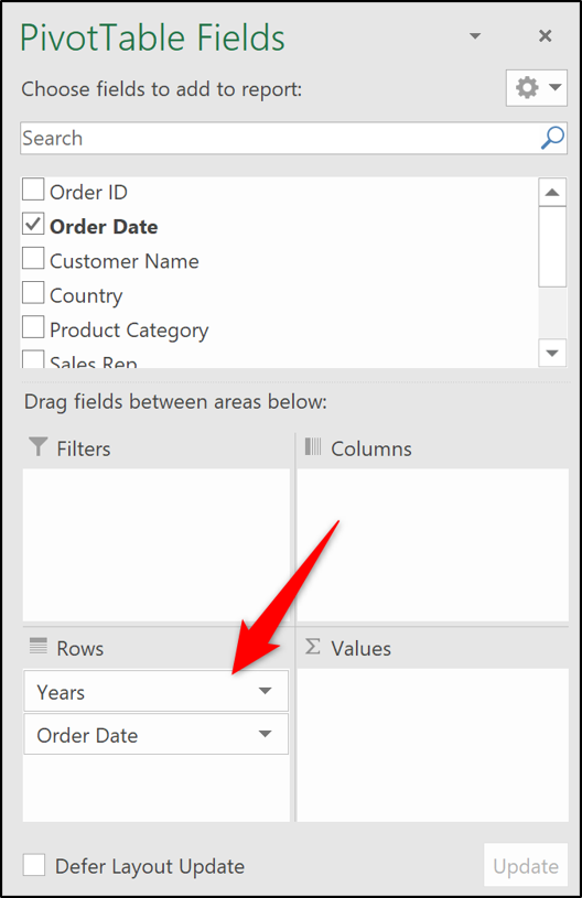 Years and Order Date fields in Rows