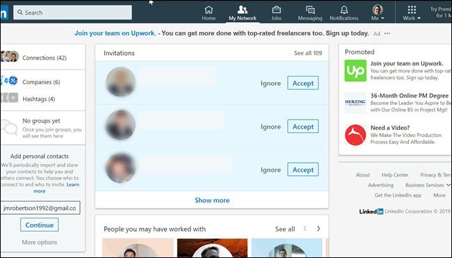LinkedIn invites page, showing 109 invites.