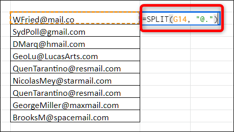 Click an empty cell and type in =SPLIT(cell_with_data, &quot;@.&quot;) and hit enter