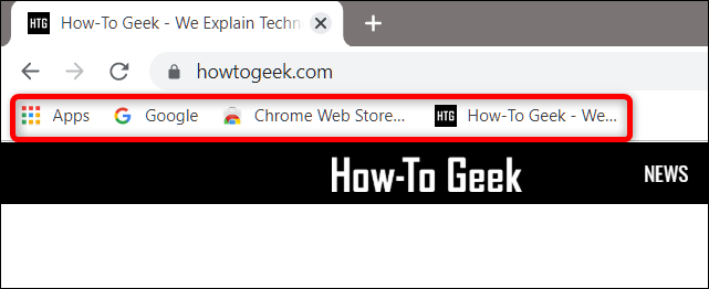 The Bookmarks Bar under the address bar, showing all pinned websites.