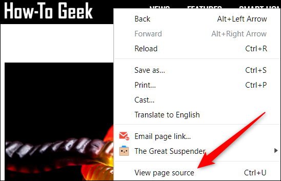 Right-click a page, then click on View Page Source