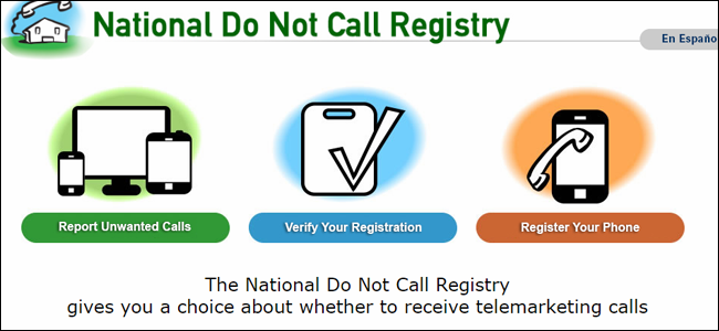 A screenshot of the national Do Not Call registry homepage.