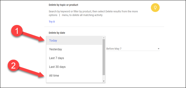 Delete by topic or product dialog with arrows pointing to today dropdown and all time option